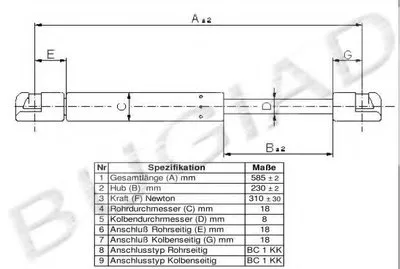 Газовая пружина, крышка багажник BUGIAD купить